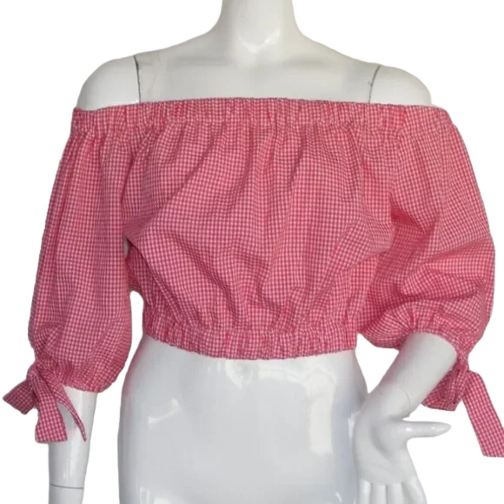 ZARA Basic Top, S, Red Gingham, Cropped, Tie/bow Sleeves, Checks